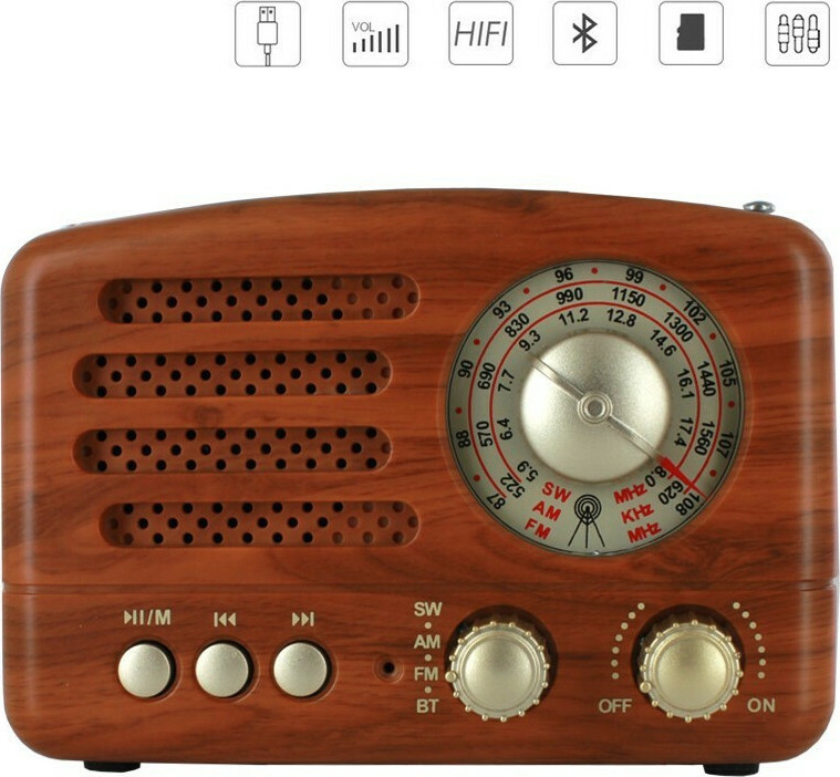 CMiK MK-615BT Retro Επιτραπέζιο Ραδιόφωνο Επαναφορτιζόμενο με Bluetooth και USB Καφέ