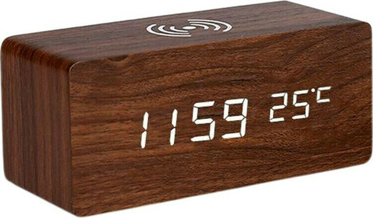 Ξύλινο Επιτραπέζιο Ψηφιακό Ρολόι με Ξυπνητήρι & Ασύρματη Φόρτιση